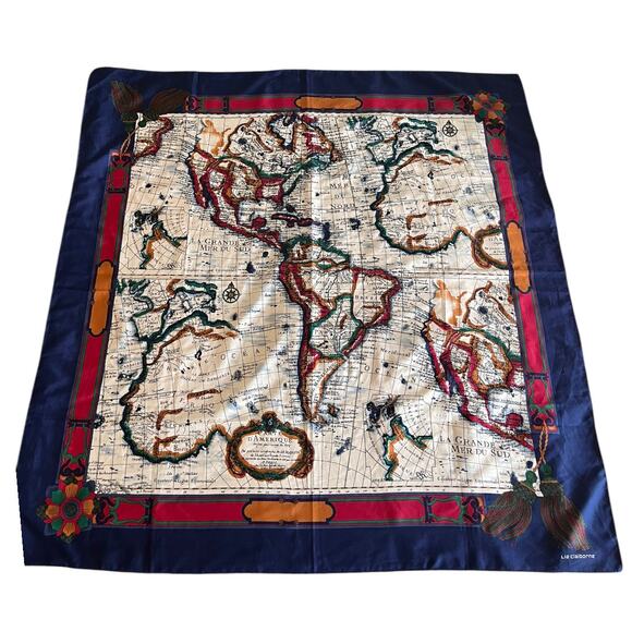 Liz Claiborne Accessories - RARE Vintage Liz Claiborne Silk Scarf World Map Blue Tassels Travel Old Money